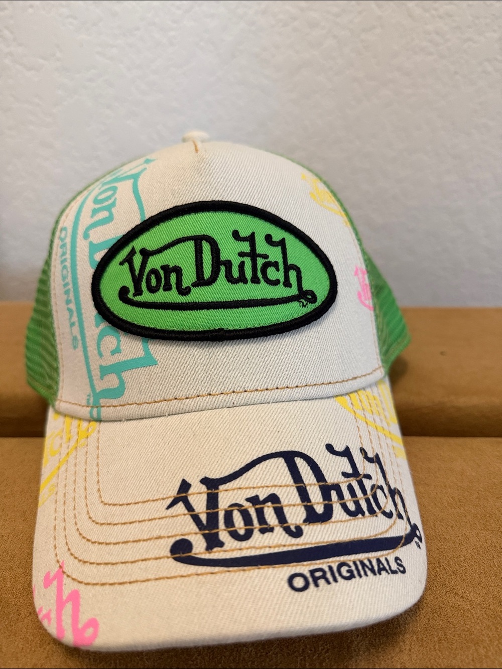 Von Dutch Cream Hat with Green Patch and Multicolor Accents